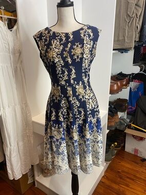 Navy and Gold Floral Midi Fit-and-Flare Dress